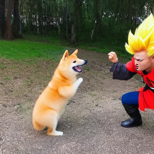 Image similar to real life super saiyan shiba inu shooting a kamehameha