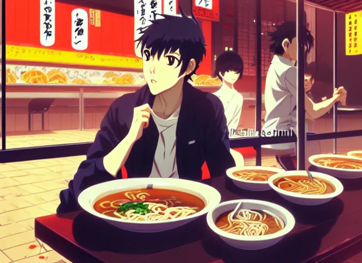 Image similar to anime visual, full body illustration a young man having lunch at a ramen stall at midnight, handsome face by ilya kuvshinov, yoshinari yoh, makoto shinkai, katsura masakazu, dynamic perspective pose, detailed facial features, kyoani, rounded eyes, crisp and sharp, cel shad, anime poster, ambient light,