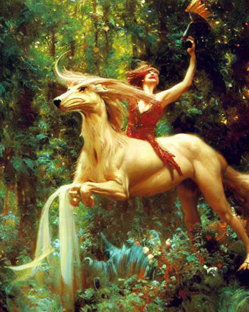 Prompt: griffon emerges from the enchanted forest, painting by gaston bussiere, craig mullins, j. c. leyendecker