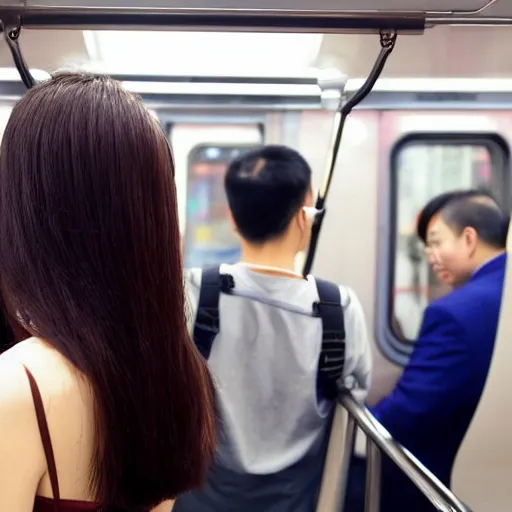 Prompt: a chinese girl with backless dress in the subway train