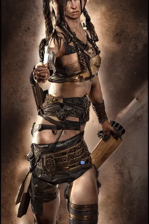 Image similar to hyper realistic glorious ancient celtic lara croft in a obsidian metal armor, futuristic design, designed by makoto kobayashi and luca zampriolo, portrait, cyberpunk style, wood and gold details, intricate, extremely detailed, ornate, deep of field, hard surface, exoskeleton, substance designer metal