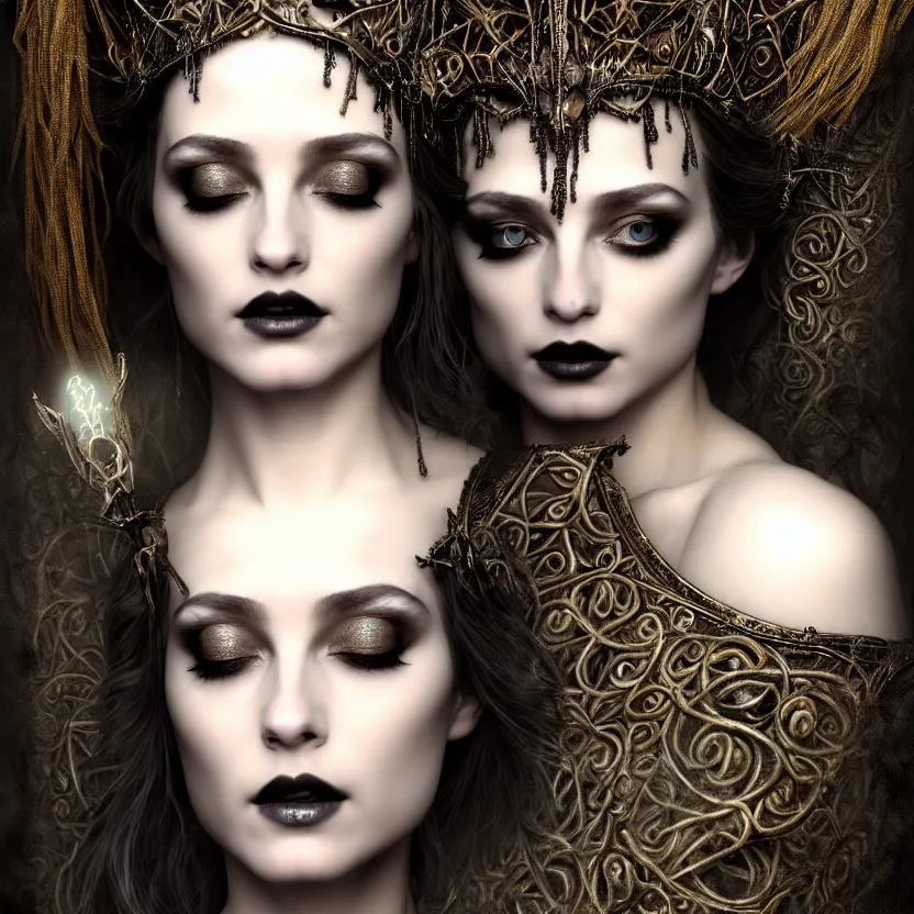 Image similar to mindblowing portrait of the enchantress queen, a stunning timeless beauty, breathtaking eyes, perfect skin, feathered eyelashes, royal gothic dress with a lot of leather, heavy silent hill aesthetic, incredibly intricate, digital art, blender, houdini & photoshop, very elegant & complex, hyper-maximalist, overdetailed, epic cinematic quality, biblical art lighting, photorealistic, lifelike, OLED, DSLR HDR 8k, face is the focus, facial feature symmetry, hyper composed, created by Nixeu & z--ed from deviantart