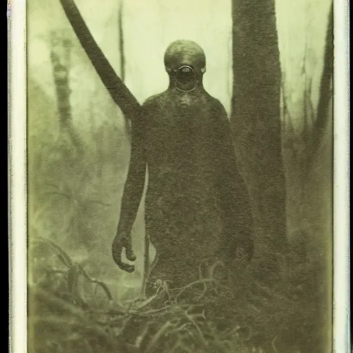 Image similar to creepy lovecraftian monster in swamp, 1910 Polaroid photo