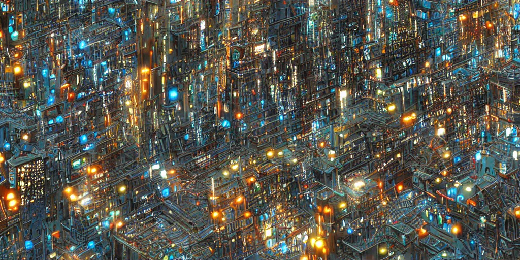 Image similar to City on planet Computer World, city inhabited by living computer programs, city made of giant electronic circuit components, fantasy landscape, concept art, matte painting