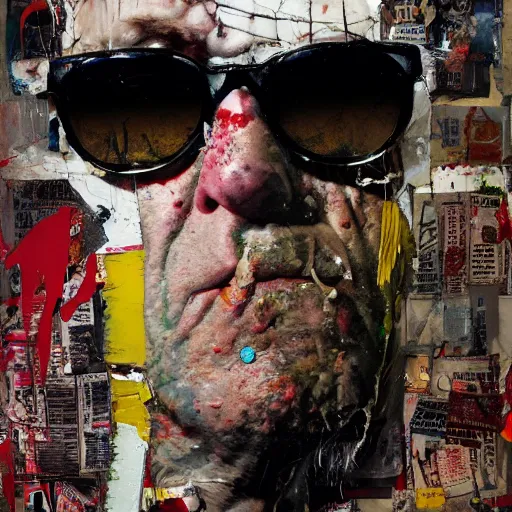 Image similar to hyperrealistic, photorealistic, mixed media oil painting of hunter s thompson, magazine scraps, plaster, blood, oil, mustard, splatter, greg rutkowski, basquiat, ralph steadman, wesley kimler, terry gilliam