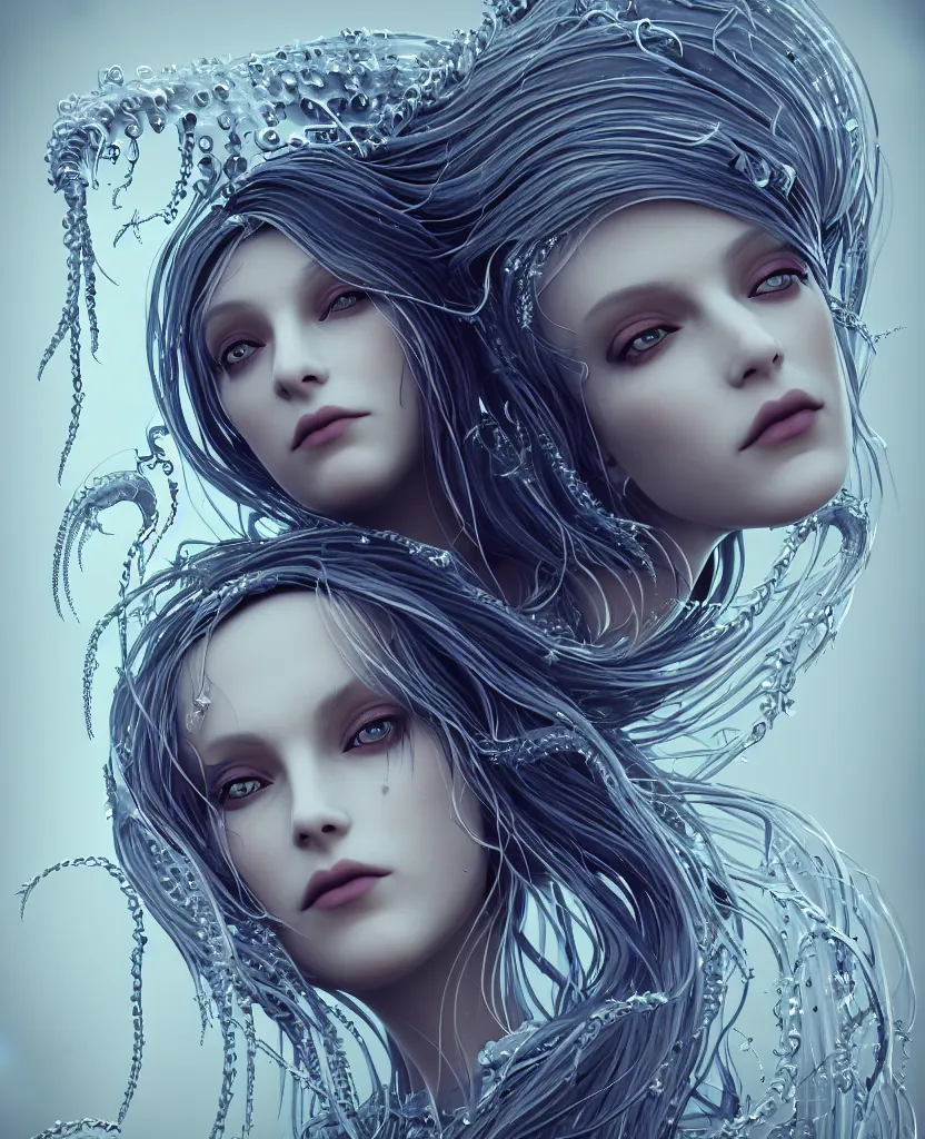 Prompt: close-up portrait of the face of a beautiful gloomy gothic princess, epic angle and pose, symmetrical artwork, 3d with depth of field, blurred background, cybernetic jellyfish female face skull phoenix bird, translucent, nautilus, energy flows of water and fire. a highly detailed epic cinematic concept art CG render. made in Maya, Blender and Photoshop, octane render, excellent composition, cinematic dystopian brutalist atmosphere, dynamic dramatic cinematic lighting, aesthetic, very inspirational, arthouse. y Greg Rutkowski, Ilya Kuvshinov, WLOP, Stanley Artgerm Lau, Ruan Jia and Fenghua Zhong