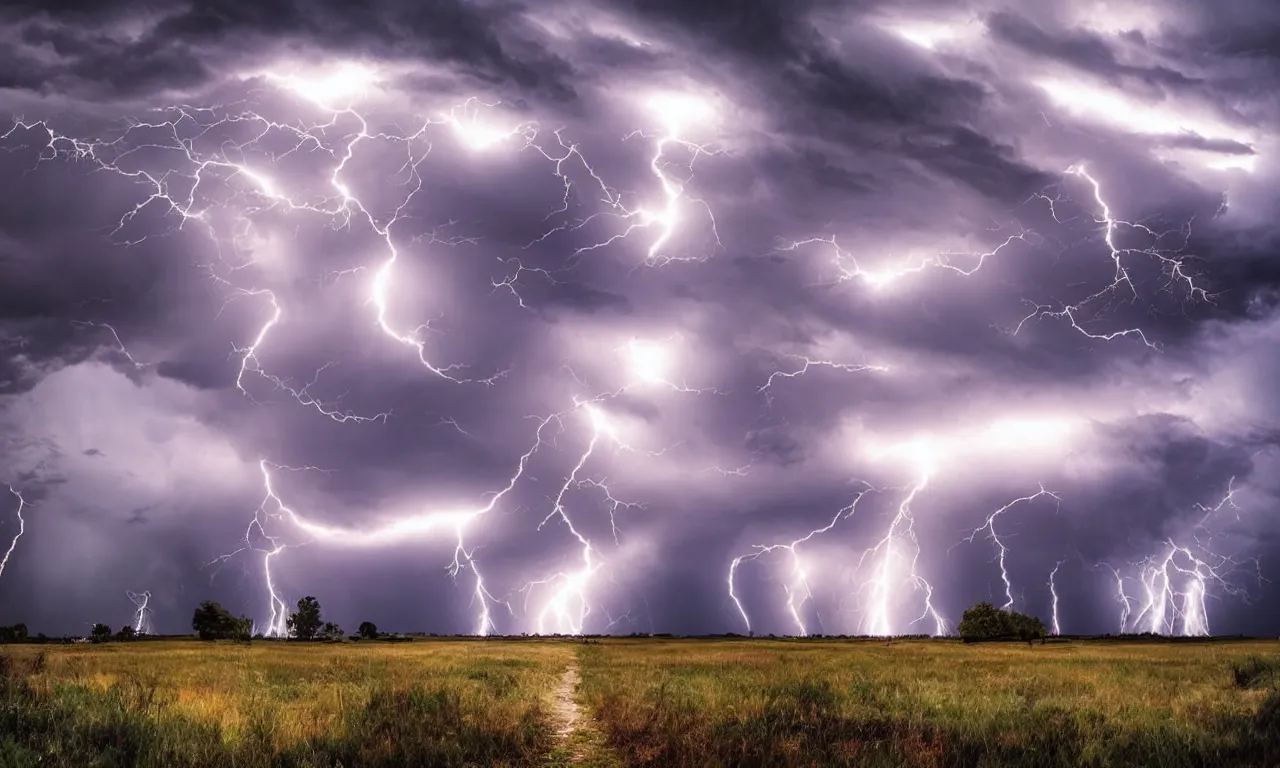 Image similar to a dramatic stormy sky with lightnings , romantic painting, epic shot