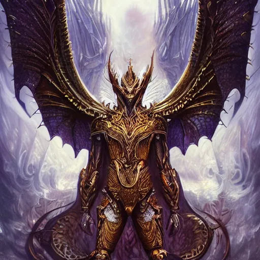 Image similar to a beautiful symmetrical muscular full body wearing a dragon armor with wings made of golden ornaments and gems, by alex gray and android jones , Karol Bak, Ayami Kojima, Amano , concept art, character design, fantasy,3D, 8k resolution