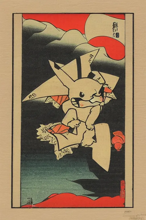 Prompt: Surfing Pikachu, Japanese ukiyo-e ukiyo-ye woodblock print, by Moronobu