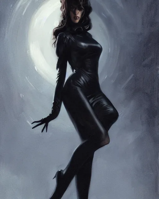 Prompt: lady in black coat and pantyhose, cosmic horror style, intricate, seductive confident pose, realistic, highly detailed, digital painting, art by greg rutkowski, charlie bowater