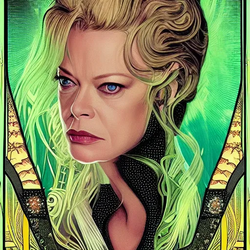 Image similar to Jeri Ryan in the role of Seven of Nine the Borg from star trek, art nouveau, amazing details, intricate details, beautiful ,insane details , tarot card, black paper, neon green, fractal system circuit , in the style of Alphonse Mucha,