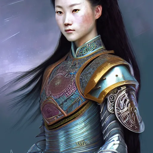 Image similar to beautiful and divine and holy and elite and colorlpunk young three kingdom chinese female armor knight portrait +shinnyy eyes+front face with light flowing hair, ultradetail face, art and illustration by tian zi and craig mullins and WLOP and alphonse mucha, fantasy, intricate complexity, human structure, human anatomy, fantasy character concept, watermark, blurry, hyperrealism 8k