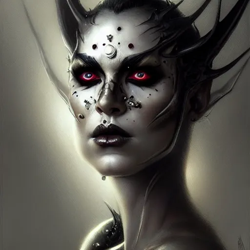 Image similar to portrait of a farie queen grim dark, dark, piercing eyes, exotic expression, esoteric clothing, photorealistic, highly detailed, mysterious lighting, artstation, smooth, sharp focus, art by michael whelan, artgerm, greg rutkowski and luis royo