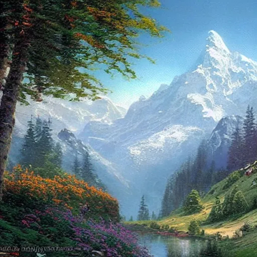 Prompt: a beautiful matte painting of swiss alps, by bob ross and thomas kinkade