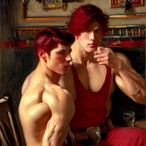 Image similar to attractive muscular male with red hair and muscular attractive male with black hair, drinking their hearts out, in a pub. very defined and highly detailed painting by j. c. leyendecker, gaston bussiere, craig mullins 8 k