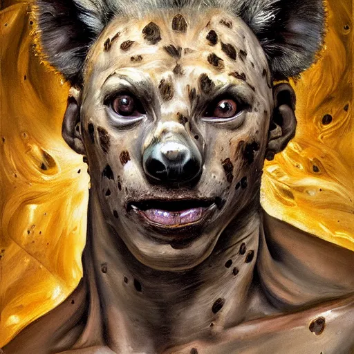 Prompt: portrait of a hyena man, classical painting, in the style of tony sart and lucian freud and anato finnstark and randy vargas and diego gisbert llorens and johan grenier, photorealistic lighting, hd, high quality, high detail