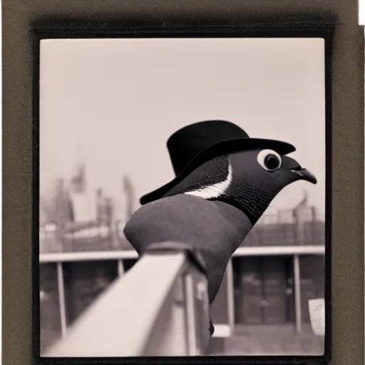 Prompt: wide-shot very low-angle eyesight photo of a pigeon in a hat at the street in New York, polaroid photo, by Andy Warhol, signed