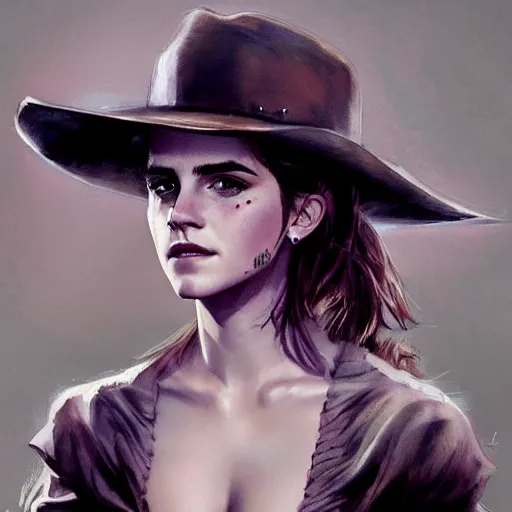 Prompt: sensual emma watson wearing a cowboy hat and a dress, looking seductive, wild west setting, hyperrealistic, artgerm, greg rutkowski, artstation, highly detailed