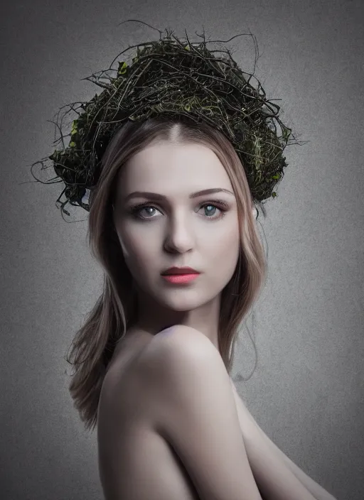 Prompt: a photo of a female model, orgnic headpiece, vines, horn, moss, fashion photography, realistic, hyperdetails, dark grey backdrop studio, moss and vine dress