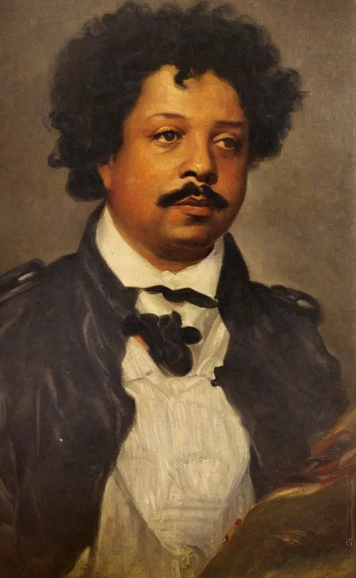 Image similar to Portrait of Alexandre Dumas, oil on canvas, highly detailed, by Delacroix, 8k