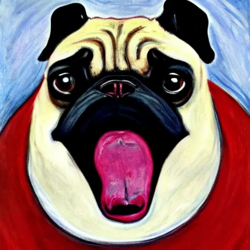 Image similar to a mouth-opened pug in shock , in the Style of The Scream , painted by Edvard Munch