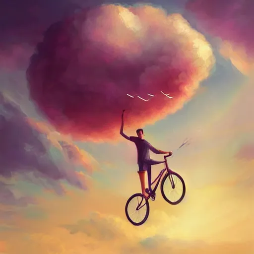 Prompt: 5ft away from a striking scene, a painting of a happy man flying in the sky on his bicycle in the clouds, award-winning digital art by Ross Tran