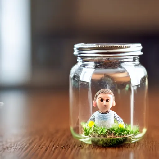 Prompt: a miniature man stuck in an upside clear glass jar on a kitchen table, 50mm, Nikon