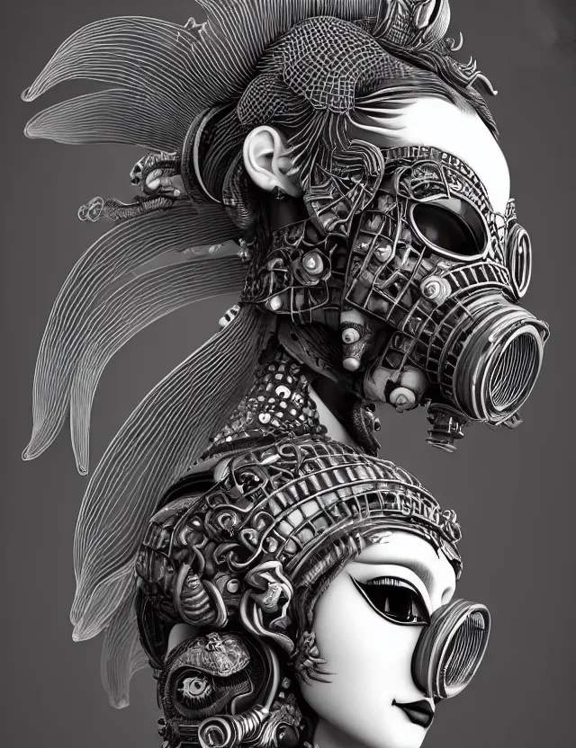 Image similar to 3 d goddess close - up profile punk portrait with vintage gas mask ram skull. beautiful intricately detailed japanese crow kitsune mask and clasical japanese kimono. betta fish, jellyfish phoenix, bio luminescent, plasma, ice, water, wind, creature, artwork by tooth wu and wlop and beeple and greg rutkowski