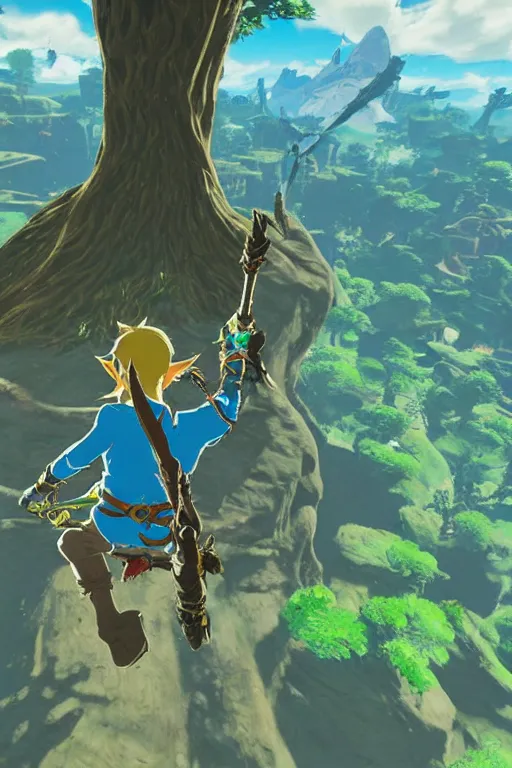 Prompt: in game footage of link from the legend of zelda breath of the wild climbing q tree, breath of the wild art style.