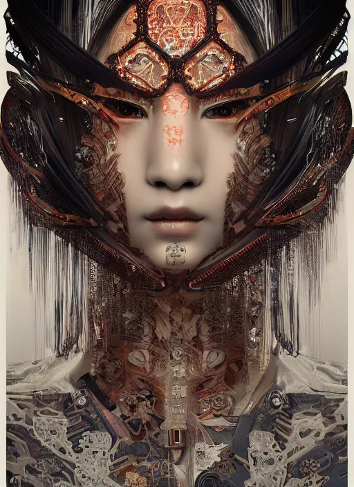 Image similar to portrait of a seductive cyberpunk geisha yakuza, imari, modern fine art, fractal, in the style of ex - machina, intricate ornaments, elegant, highly detailed, digital photography, subsurface scattering, by mc escher and greg rutkowski,