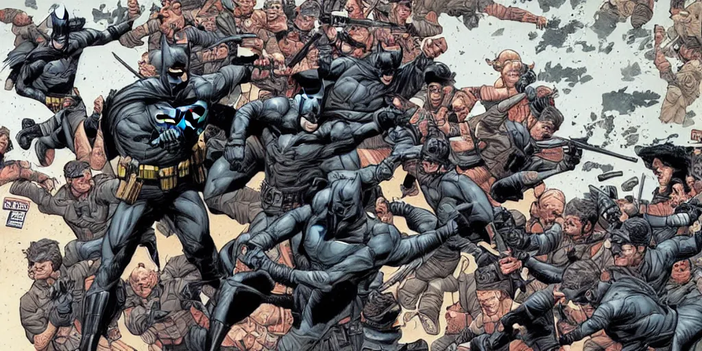 Image similar to Batman fighting mall-cops. Epic painting by James Gurney and Laurie Greasley.