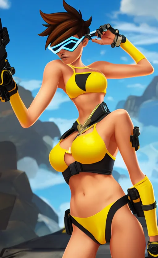 Image similar to tracer game character, in yellow bikini, blonde hair, black eyes, full height