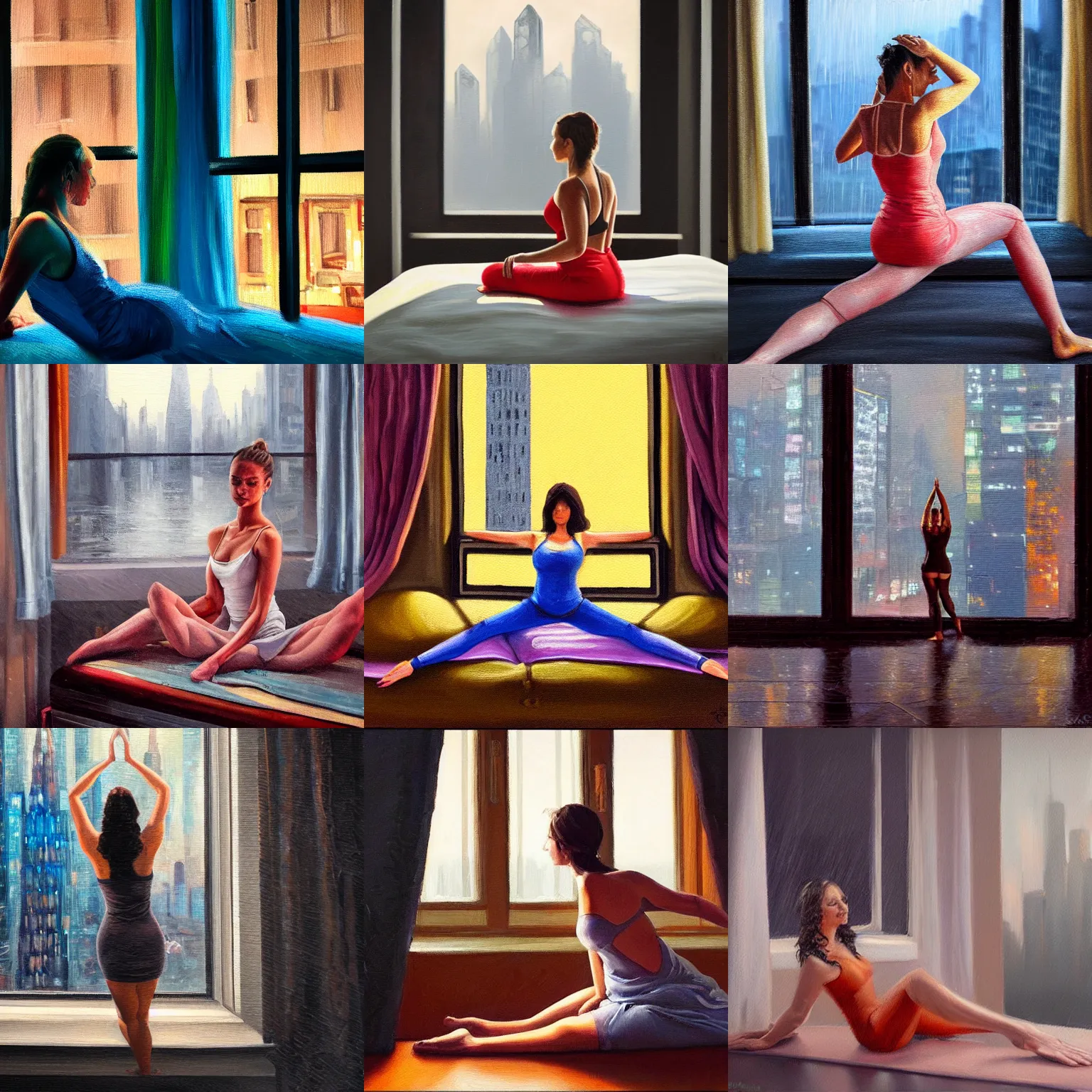 Prompt: Detailed oil painting of a beautiful woman in a tiny dress in a yoga pose on a bed feet up and the window to a rainy cyberpunk city.