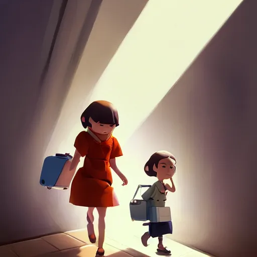 Image similar to goro fujita ilustration heerful girl taking the suitcases out of her house, characterized by cushart krenz, character art, sharp focus, highly detailed, artstation