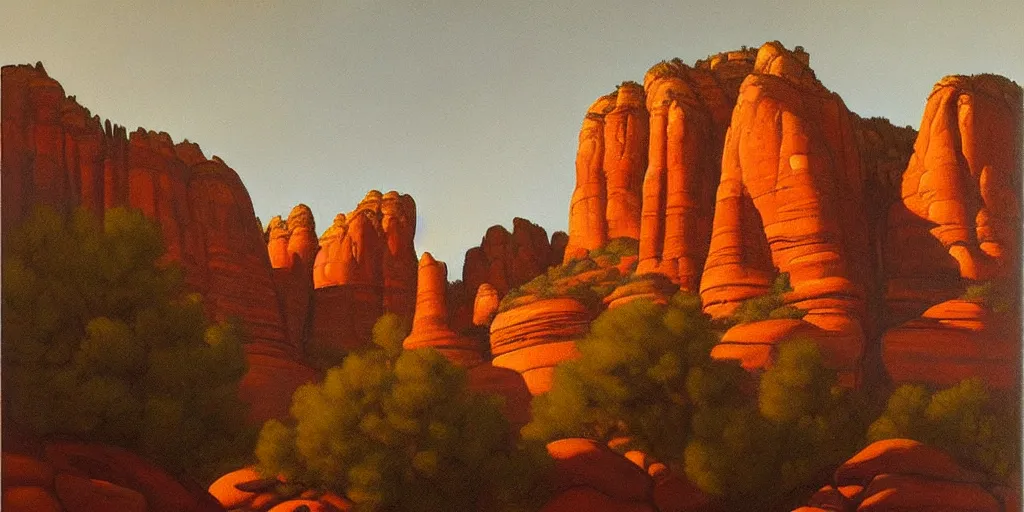 Prompt: sedona's cathedral rock bluff, oil painting, twilight, intricate lines, elegant, extreme detail, sharp focus, art by vermeer and edward church