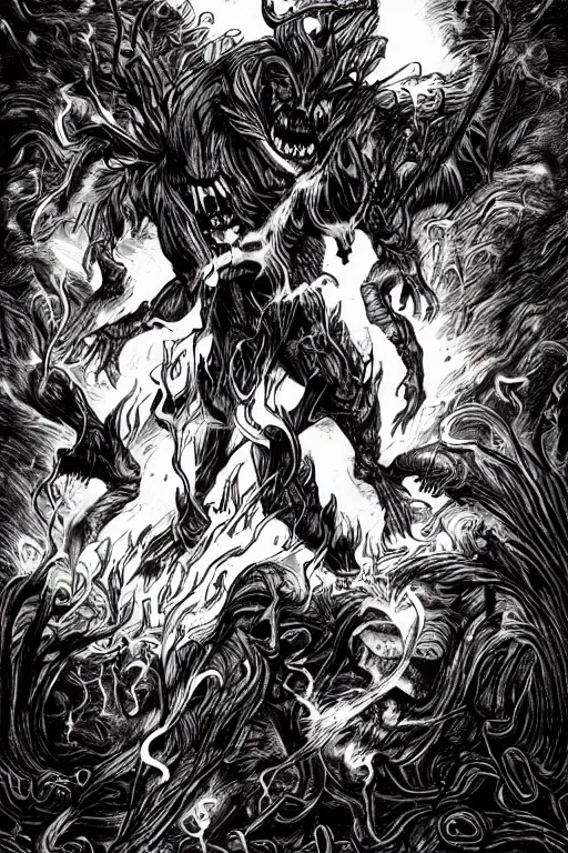 Image similar to demons attacking humans far away, fire, field, horror, trees, manga style,