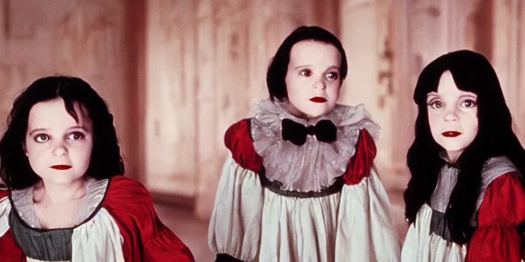 Image similar to a still from Snow White of the twins from The Shining, overlook hotel