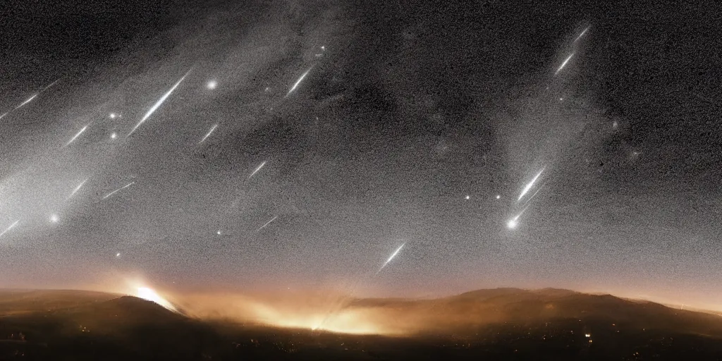 Prompt: hyper detailed and hyper real photo of the most insane meteor shower in history as a comet passes above, very dramatic and amazing, scary