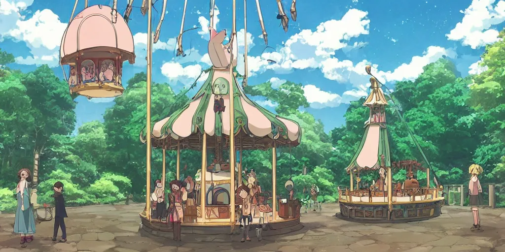 Image similar to a fantasy carousel in the style of studio ghibli, makoto shinkai