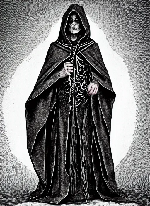 Prompt: fineart illustration of the necromancer wearing a cloak, hyper detailed, crisp