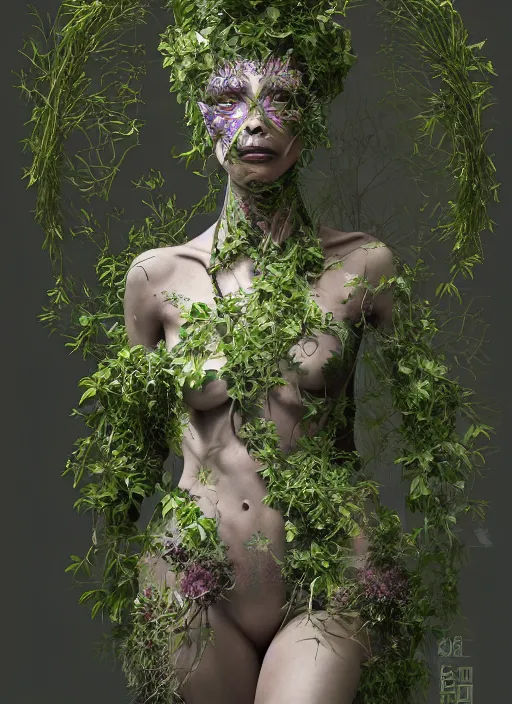 Image similar to studio portrait of a futuristic geisha cyborg overgrown with plants and ivy, modern fine art, fractal, intricate, elegant, highly detailed, digital photography, subsurface scattering, by jheronimus bosch and greg rutkowski,