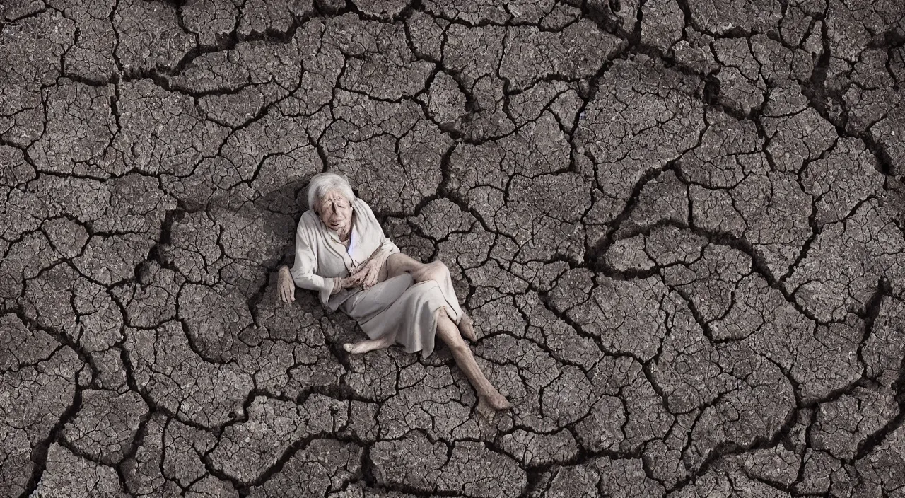 Prompt: medium shot of a 65-year-old Gaia, crying one single tear, facing the camera and sitting on a dried up river in a desolate land, dead trees, blue sky, hot and sunny, highly-detailed, elegant, dramatic lighting, artstation, 4k, cinematic landscape, photograph by Elisabeth Gadd