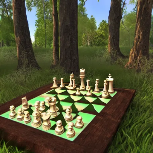 Image similar to videogame still of epic 3D chessboard and chess pieces in the magic kingdom forest of trees style