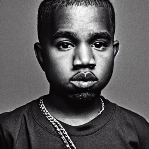 Image similar to the face of young kanye west wearing yeezy clothing at 1 3. 5 years old, black and white portrait by julia cameron, chiaroscuro lighting, shallow depth of field, 8 0 mm, f 1. 8