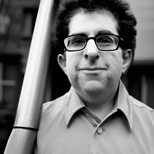 Image similar to a picture of kevin mitnick dressed as a paper boy from the 6 0 s, canon, black and white, high resolution, perfect face, detailed face