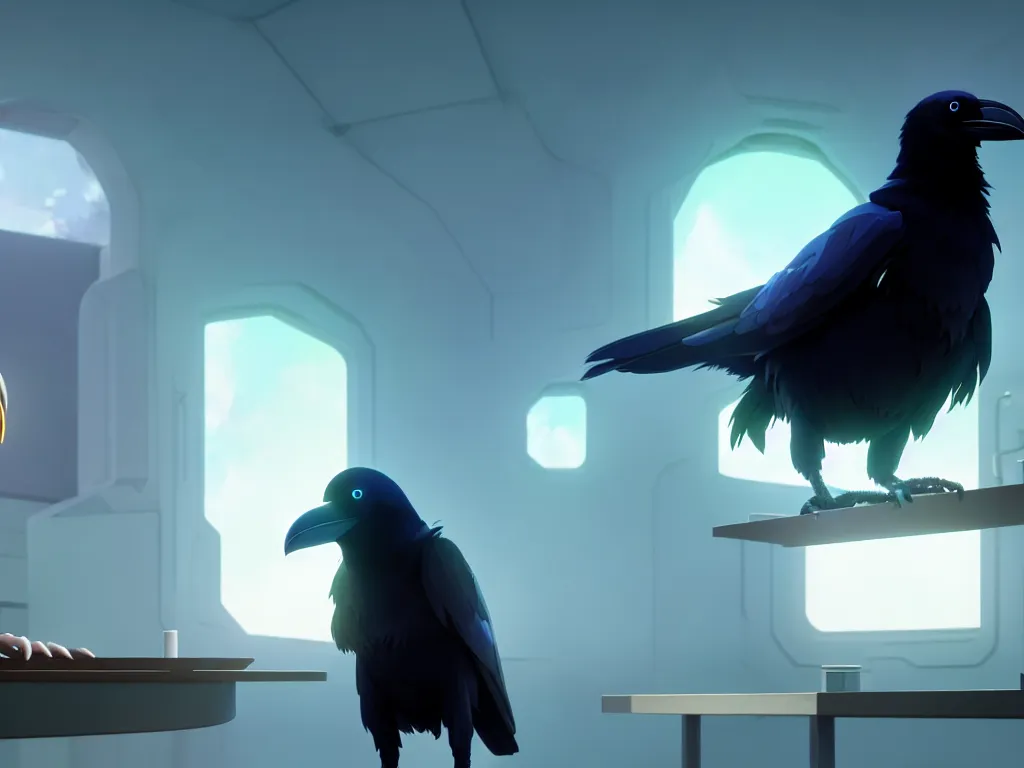 Prompt: a wholesome key shot of a raven android in a lab, pure white, low shot angle, studio ghibli, pixar and disney animation, sharp, rendered in unreal engine 5, anime key art by greg rutkowski and nixeu, full bloom, vibrant lighting