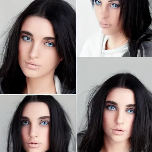 Image similar to raven haired seductive supermodel with stunning light eyes with a beautiful face, fair soft skin, wearing a hoodie