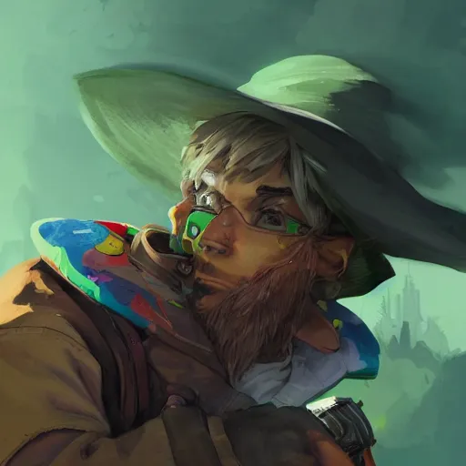 Image similar to snufkin as overwatch character, digital illustration portrait design, by android jones and greg rutkowski, retrowave color scheme, detailed, cinematic lighting, wide angle action dynamic portrait