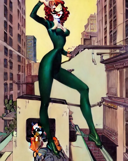 Image similar to joshua middleton, phil noto, norman rockwell, artgerm, 1 9 5 0 s rockabilly emma stone poison ivy dc comics, vines, symmetrical eyes, city rooftop