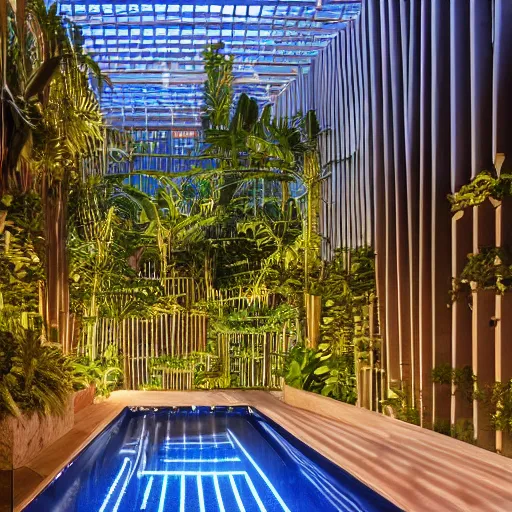 Prompt: The atrium of a refurbished contemporary building filled with tropical plants, project by Kengo Kuma, blue hour, 4k